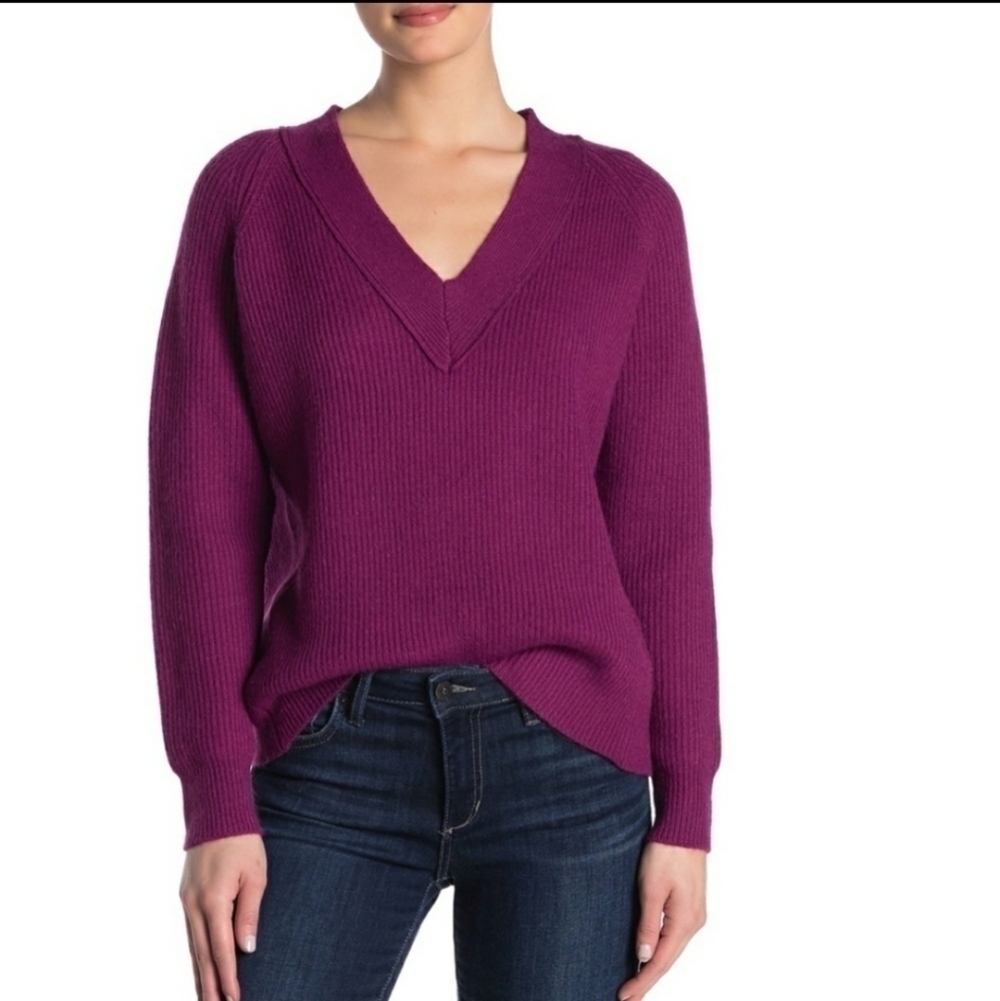 NEW FRNCH V-neck Ribbed Knit Pullover Sweater
